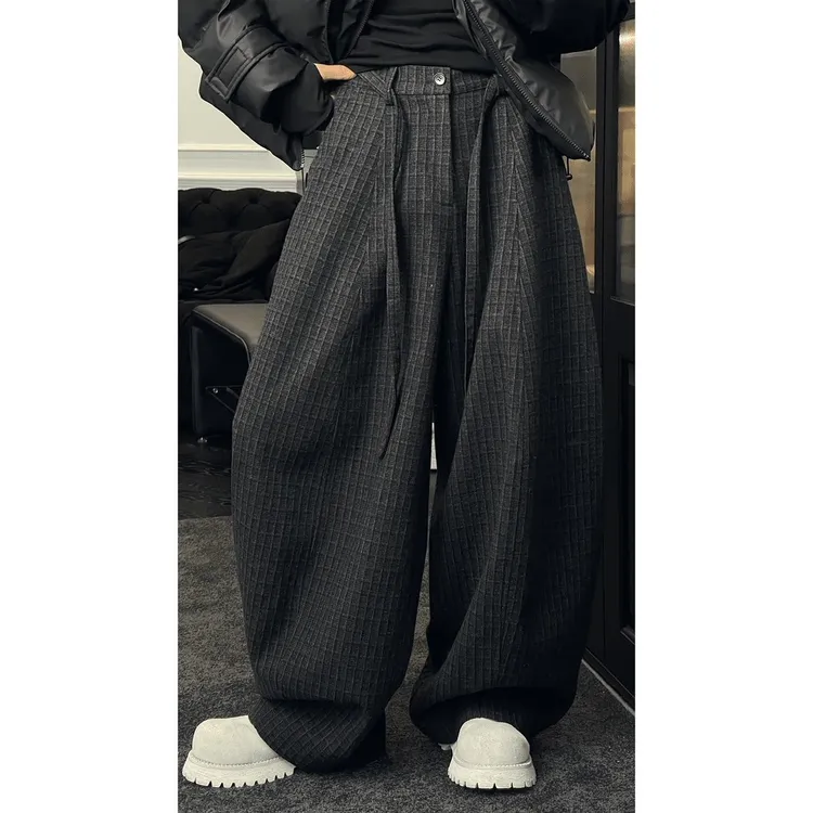 【龙叨刀专属】毛呢格子弯刀阔腿裤男冬加厚裤子宽松bf慵懒风休闲裤