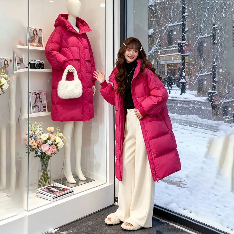 中长款过膝宽松显瘦玫红色羽绒棉服女加厚保暖冬季新款外套