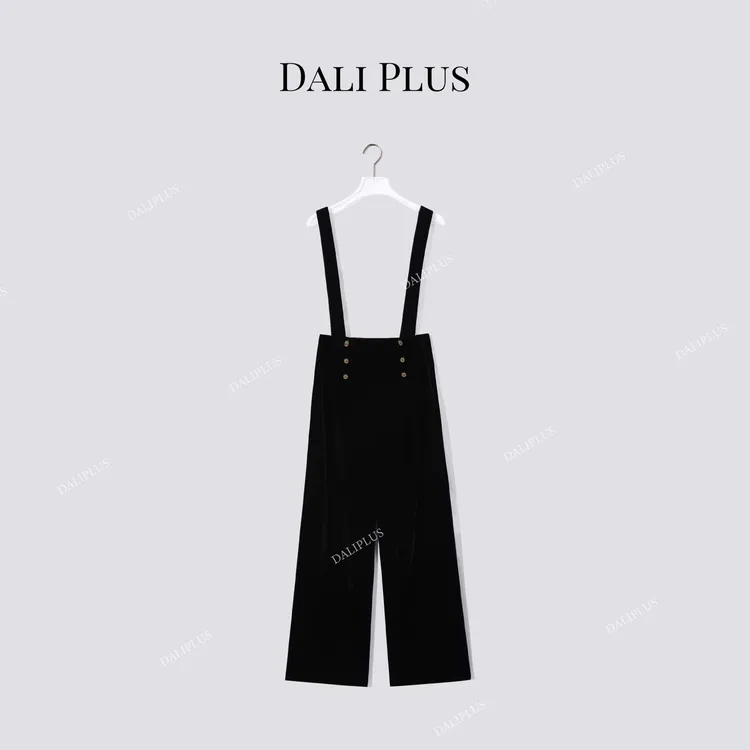 DALI PLUS极高黑丝绒金扣双排扣背带裤-D5MM2997