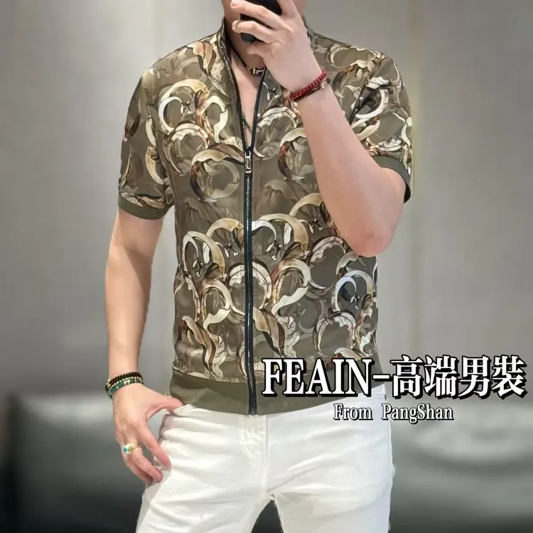 高端定制丝柔贡缎满花男士短袖立领拉链短袖夹克017