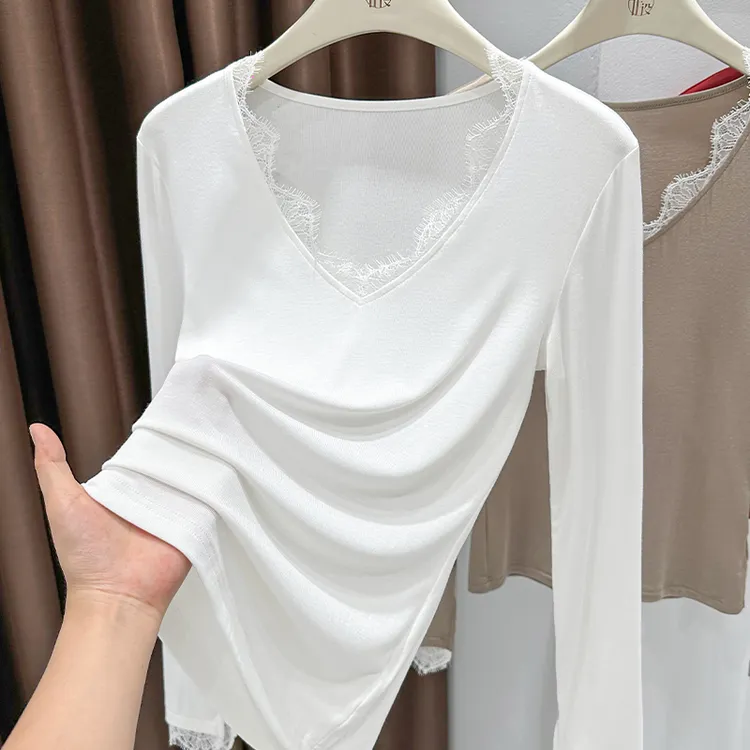 极简风白色长袖V领打底衫2025秋冬新款洋气修身百搭洋气纯色内搭