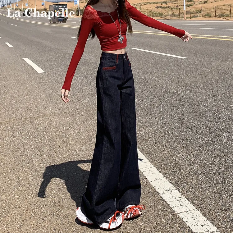 拉夏贝尔丹宁蓝微喇叭牛仔裤女秋冬2025新款高腰弹力不贴腿马蹄裤