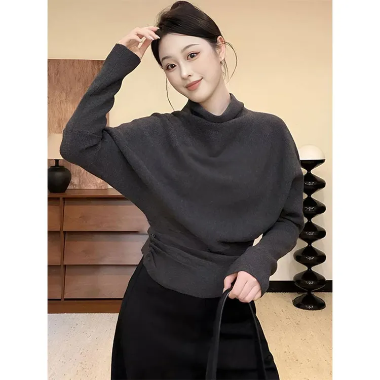 【Datong】慵懒风褶皱立领长袖针织毛衣秋款修身显瘦短款时髦上衣女