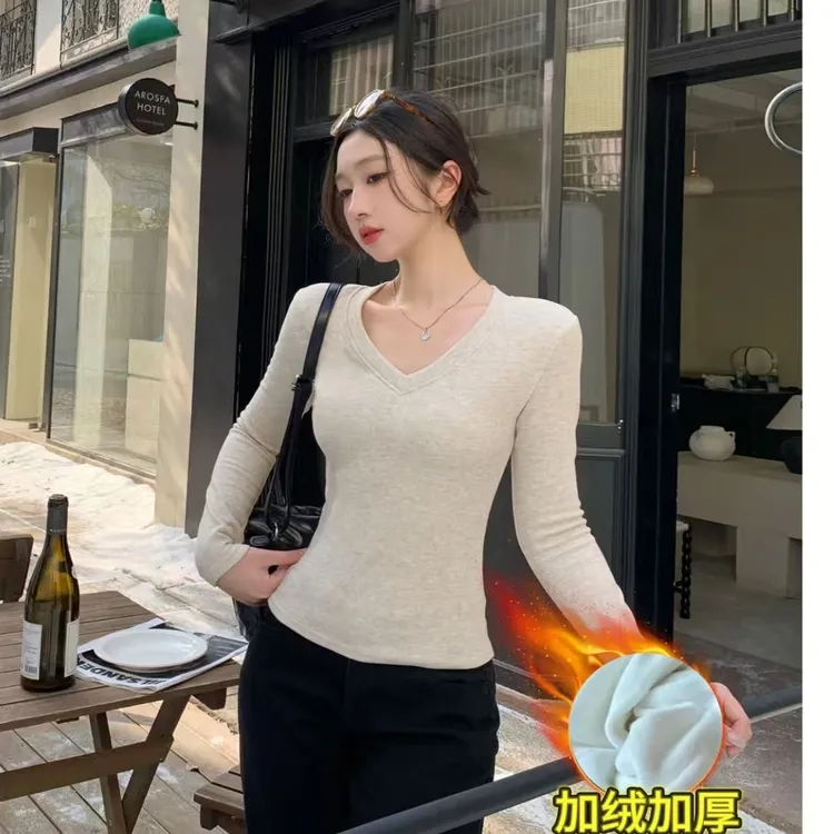 【加绒加厚】摇粒绒正肩V领掐腰显瘦秋冬季内搭修身长袖T恤打底