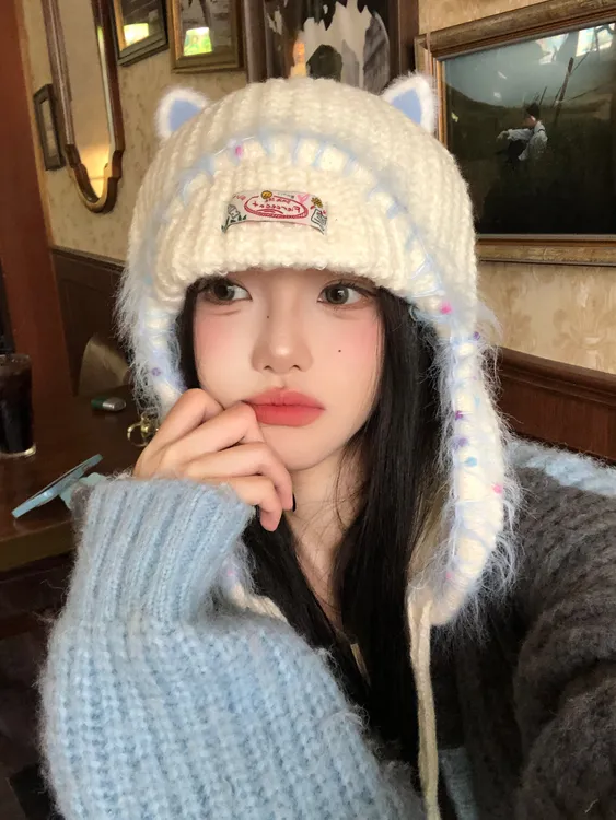 可爱猫咪耳朵护耳针织毛线帽女秋冬保暖雷锋帽大头围防寒套头帽子