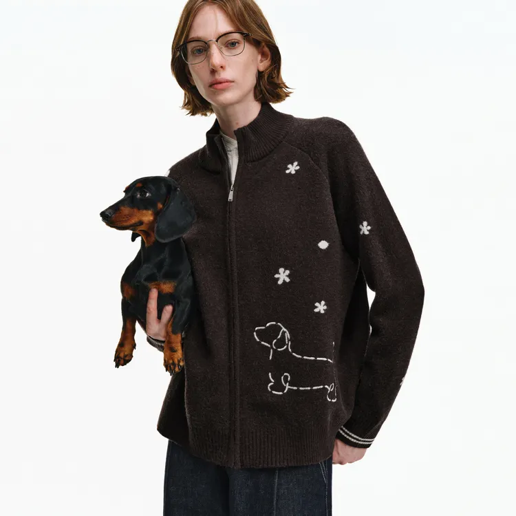 PCLP小狗雪花毛衣开衫秋季新款提花条纹间色设计感百搭针织衫