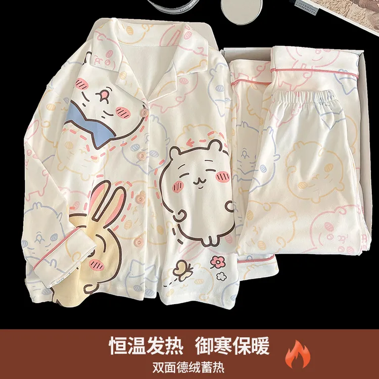 秋冬德绒女童新款儿童睡衣保暖长袖亲子中大童女孩洋气开衫家居服