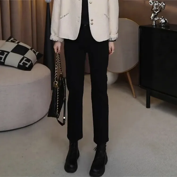 黑色高腰直筒牛仔裤女款爆款2025新款百搭时尚小个子八九分烟管裤