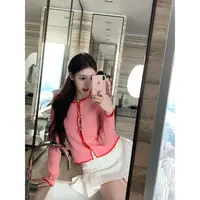 【Meng服饰】秋季新款修身显瘦撞色花边针织开衫上衣+短裤