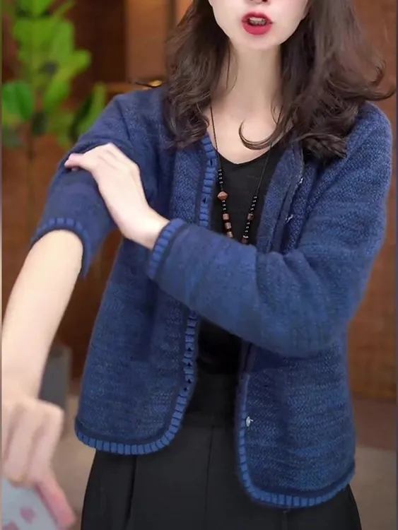 高级感蓝色小香风毛衣外套女2025秋冬新款气质百搭显瘦针织开衫