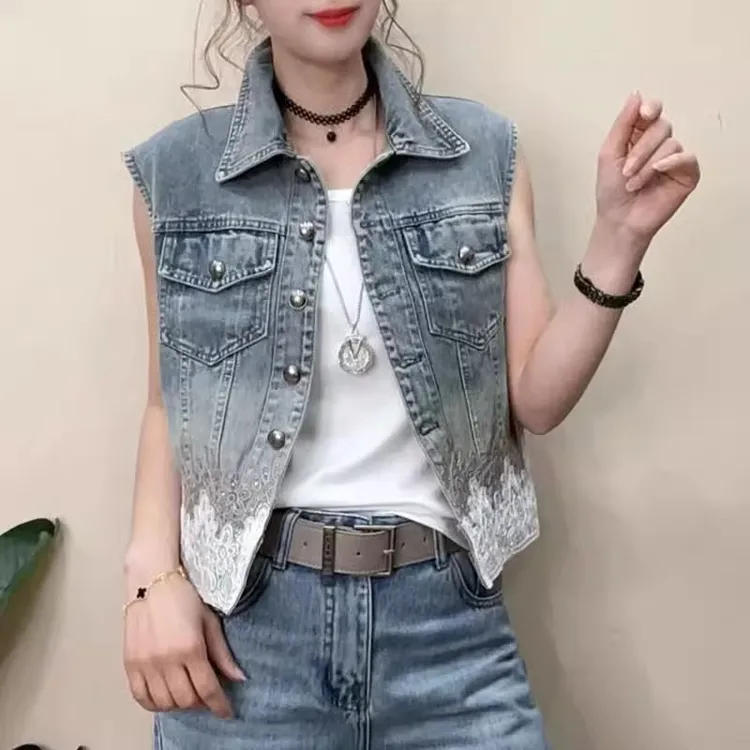 牛仔马甲外套女2025春夏款韩版时尚潮流重工蕾丝气质百搭坎肩上衣