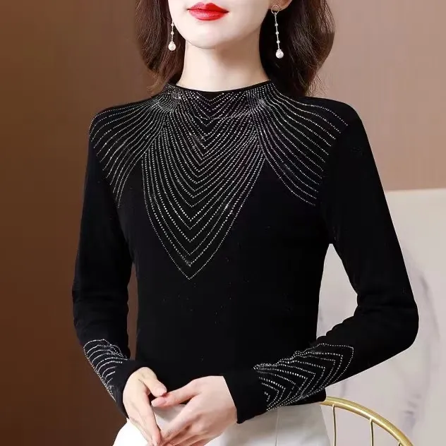 烫钻上衣女春季新款洋气气质时尚显瘦黑色长袖修身百搭打底衫