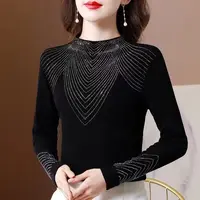 烫钻上衣女秋季新款洋气气质时尚显瘦黑色长袖修身百搭打底衫
