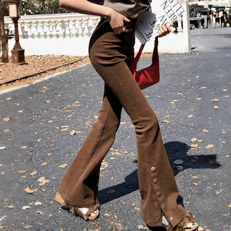 美式显瘦喇叭裤女秋季新款美拉德复古棕咖色修身微喇长裤高个子