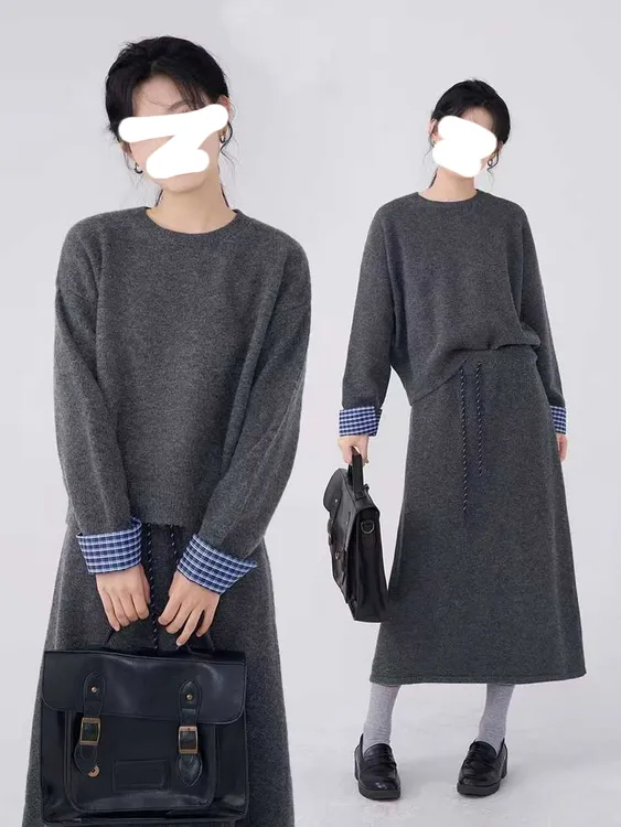 秋冬韩系减龄套装女拼接袖口套头毛衣温柔风休闲针织半身裙两件套