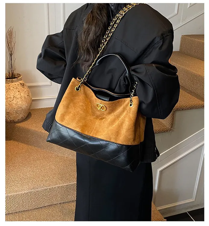 腋下包欧美复古撞色托特包链条磨砂格子锁扣小香风手提包时尚休闲