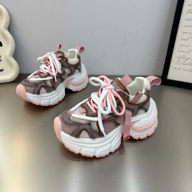 2025年新款厚底时尚磨砂皮拼接四季网面老爹鞋底厚6公分增高舒适