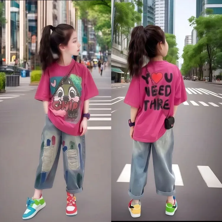 女童夏季套装女孩两件套潮酷可爱印花洋气短袖时尚手绘破洞牛仔裤