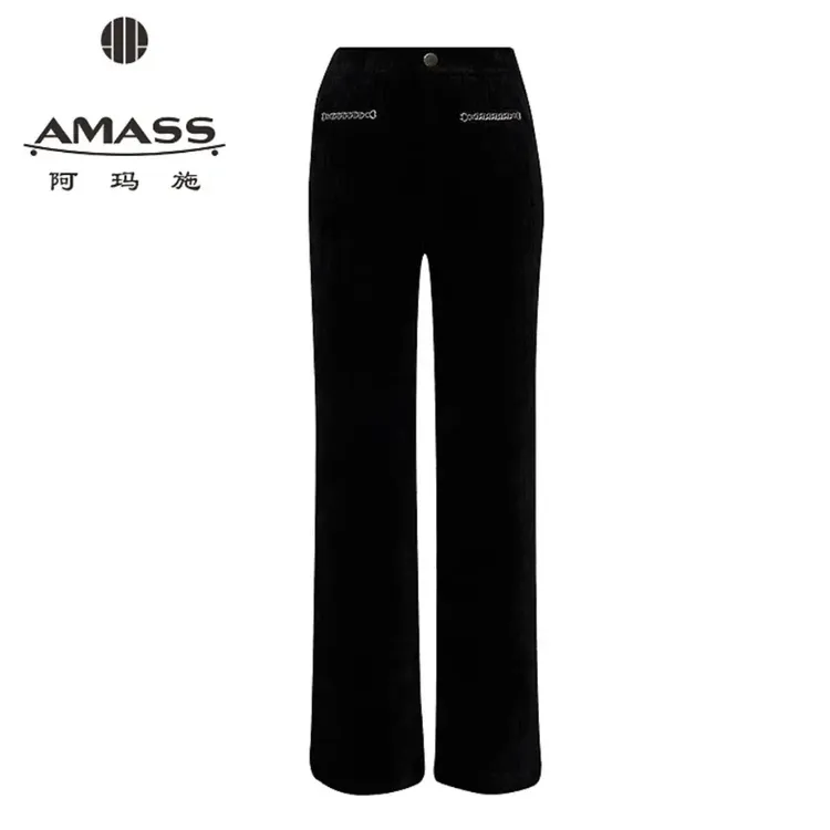 AMASS/阿玛施秋冬新款复古时尚链条装饰雪尼尔复古绒感弯刀休闲裤