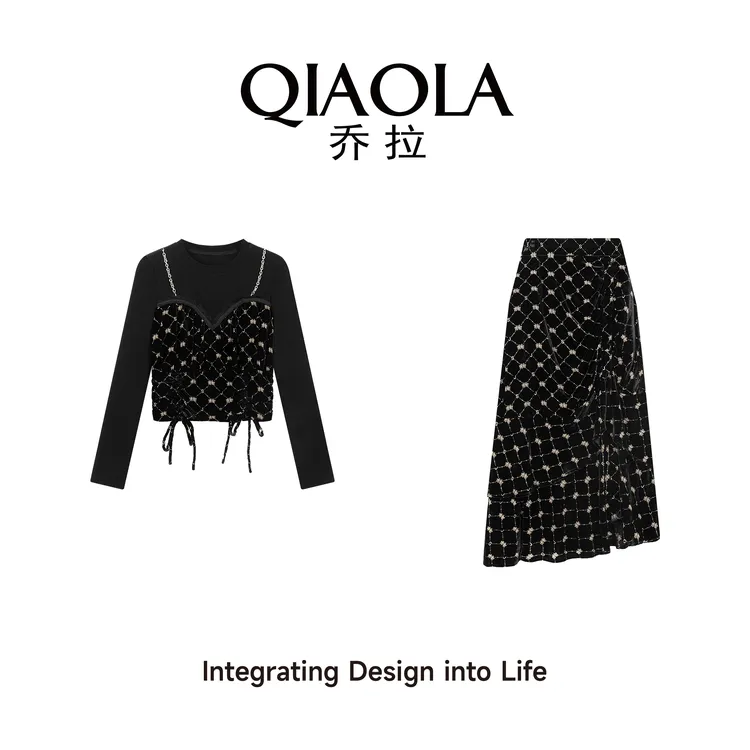 QIAOLA/乔拉【墨蝶舞步】秋季平绒烧花碎花假两件轻奢时尚套装