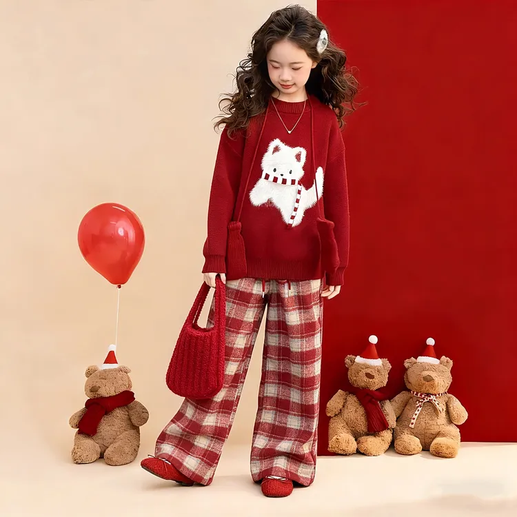 冬季女童红色套装2026新款大童女孩本命年加厚毛衣儿童拜年服穿搭