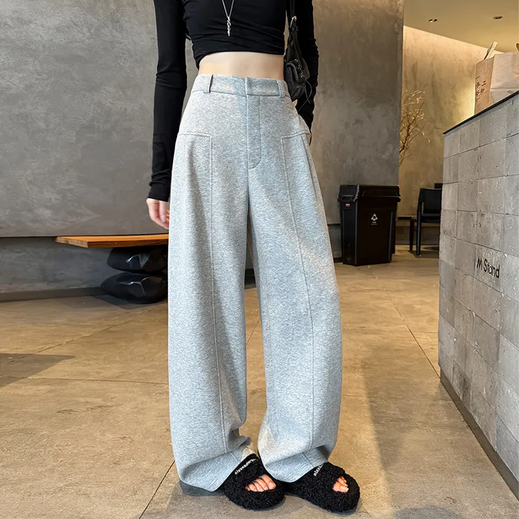 灰色西装阔腿裤女2025新款春秋季高腰宽松显瘦弯刀休闲裤香蕉裤子