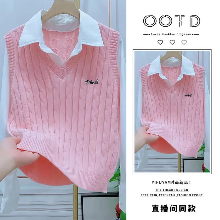 韩系假两件马甲衬衫女2025年秋冬新款休闲百搭拼接长袖针织衫上衣
