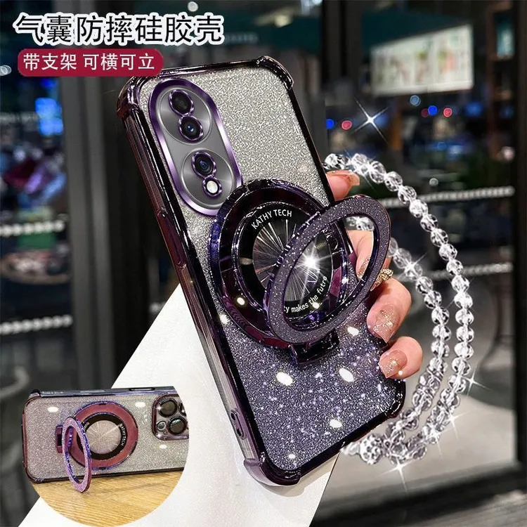 四角防摔荣耀70手机壳FNEAN00女款护镜流行闪粉支架手链软硅胶防