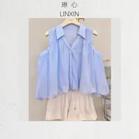 丨 夏季时尚重工蓝色露肩小众设计感女装长袖衬衫 6209