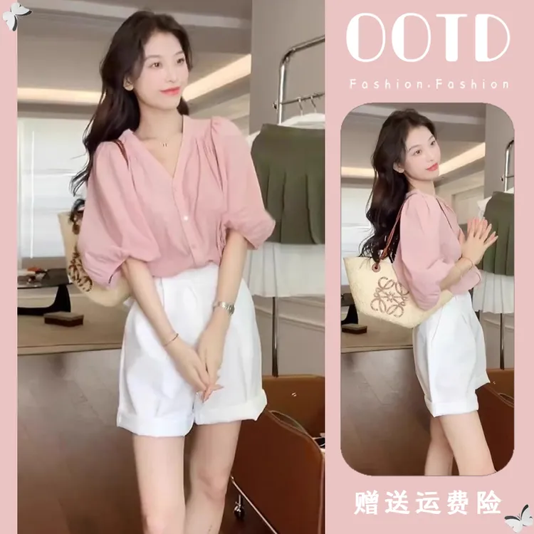 微胖一整套穿搭时尚高级感超好看小香风清纯甜美粉色衬衫短裤套装