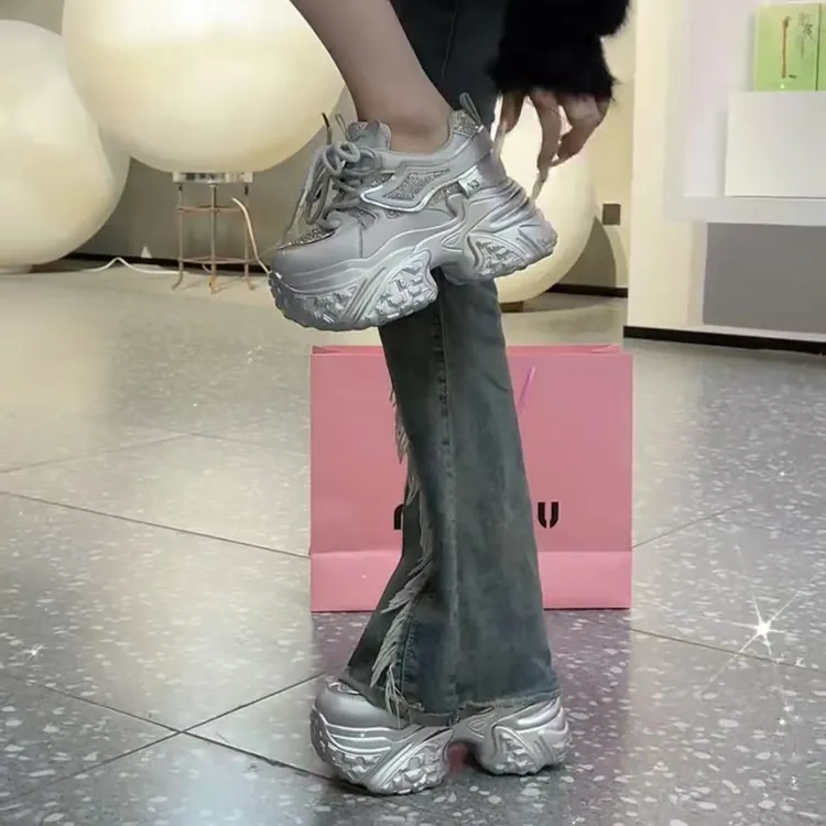 亮片透气厚底老爹鞋女2025秋季新款百搭增高休闲鞋潮流运动