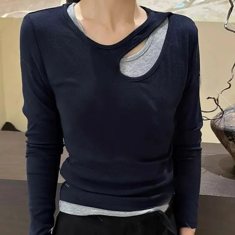 欧货轻熟镂空假两件长袖2025早秋新款设计感修身女人衫