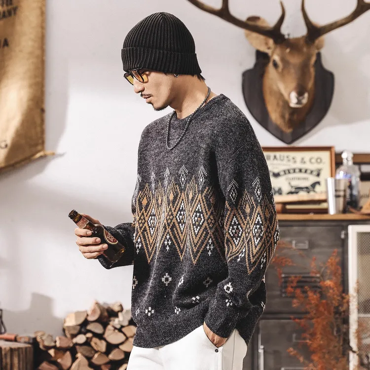 美式复古提花费尔岛毛衣男秋冬2025新款潮流民族风宽松男士针织衫