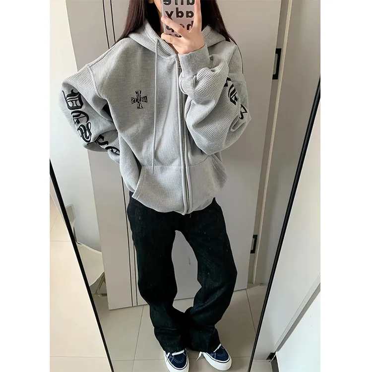 美式华夫格刺绣连帽卫衣男女秋季哥特潮牌开衫棒球服小众情侣外套