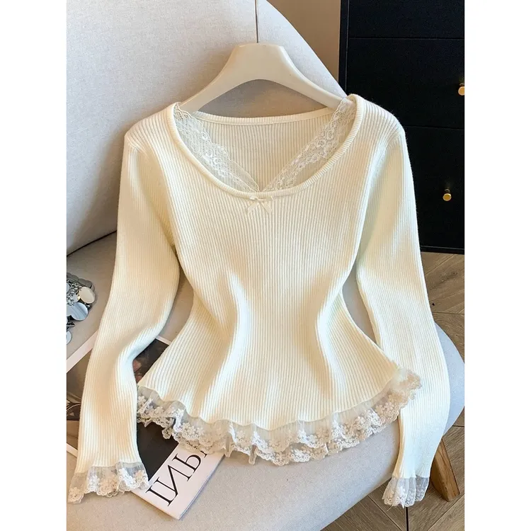 法式设计感蕾丝花边V领针织衫女新款气质内搭修身长袖上衣G6-69
