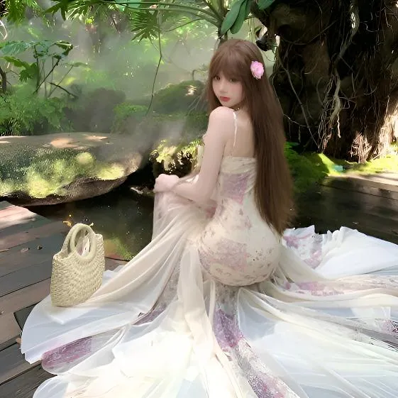 «花开半夏»法式浪漫花朵修身鱼尾吊带裙夏季海边纯欲收腰包臀裙