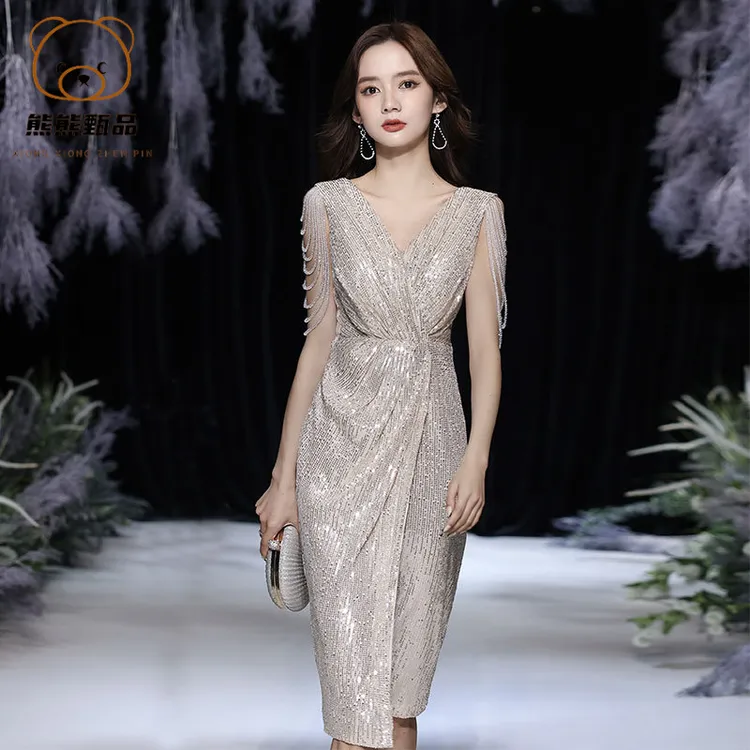 小晚礼服裙女2025秋季新款香槟名媛气质宴会主持人连衣裙平时可yd