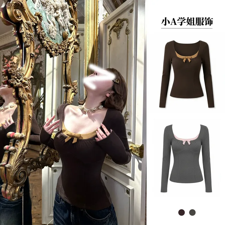 偷糖Plan 收腰拼色抽褶蝴蝶结薄绒打底T恤女内搭显瘦针织上衣秋冬