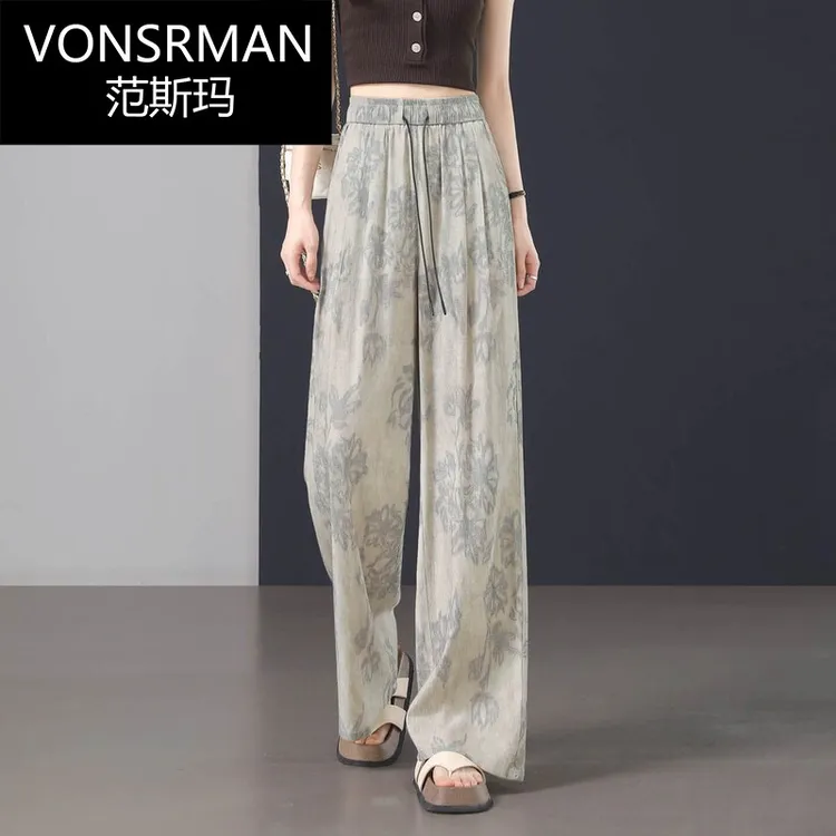 复古印花休闲阔腿裤女夏薄款2025年新款高腰显瘦宽松亚麻直筒裤子