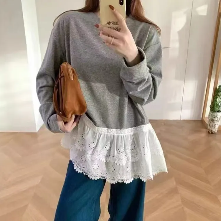 【8315】大码女装胖mm秋冬季内搭打底衫蕾丝拼接长袖T恤显瘦上衣