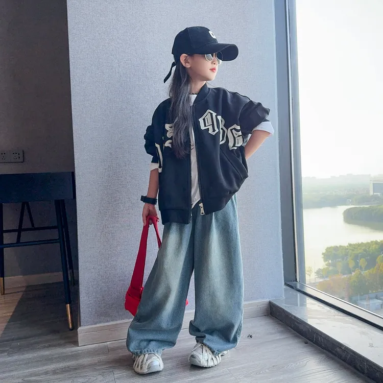 女童2025新款休闲外套两件套春秋装大童女孩宽松棒球服上衣牛仔裤