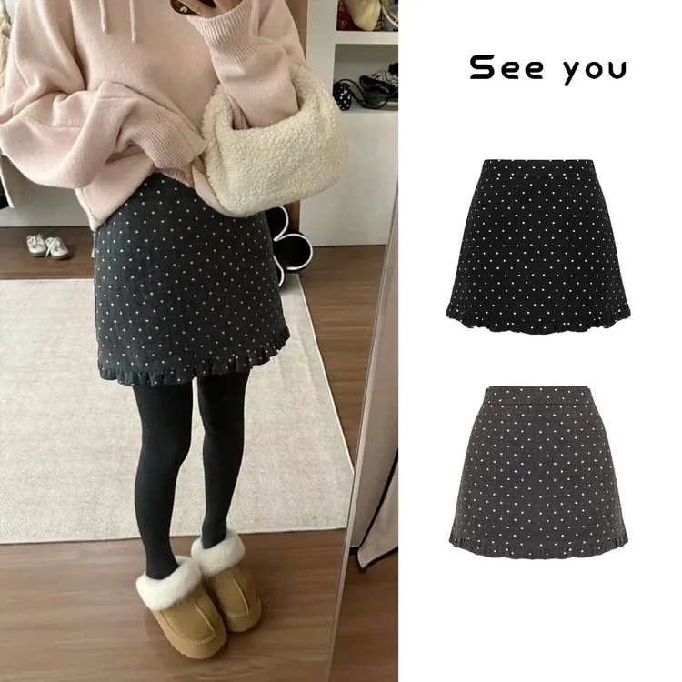 秋季时尚百搭毛呢花边波点短裙宽松显瘦显腿长百搭休闲裙子z348