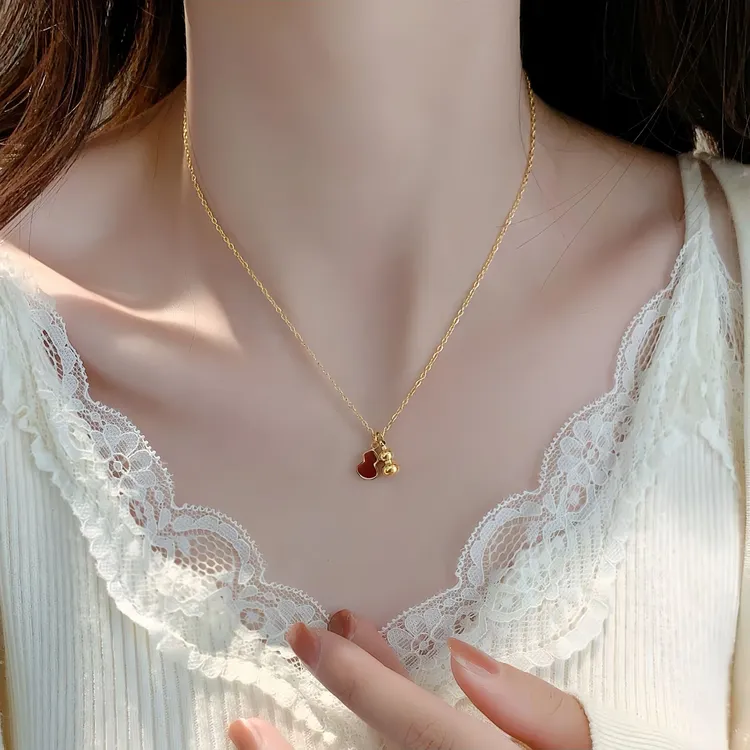 钛钢项链 新中式精致小巧红色双葫芦项链女士气质轻奢个性锁骨链