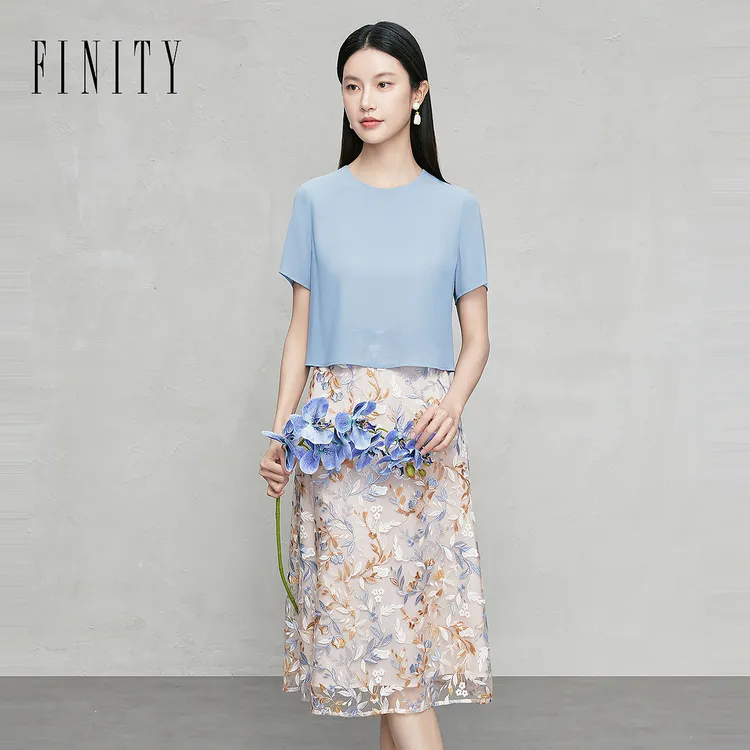 FINITY菲妮迪连衣裙碎花显瘦气质蓝色时尚女士夏季印花碎花显瘦
