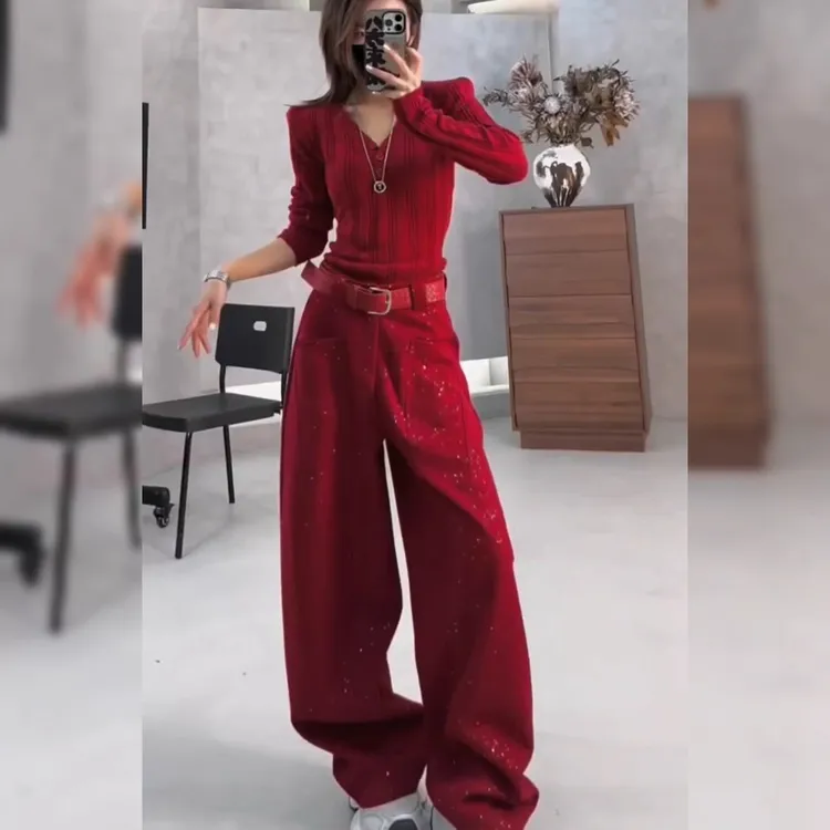 红色加绒满天星弯刀休闲裤女2025冬季新款大码胖mm显瘦宽松阔腿裤