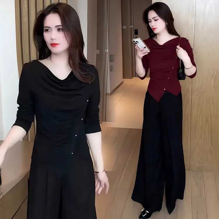 不规则时尚长袖T恤女减龄v领上衣春秋新款设计感百搭褶皱修身T恤