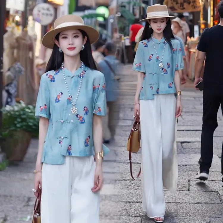 夏季新款新中式国风套装女2025洋气盘扣短袖衬衫阔腿裤显瘦两件套