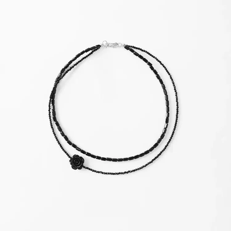铜合金项链 黑色玫瑰花串珠双层项链岁锁骨链女小众设计时尚复古