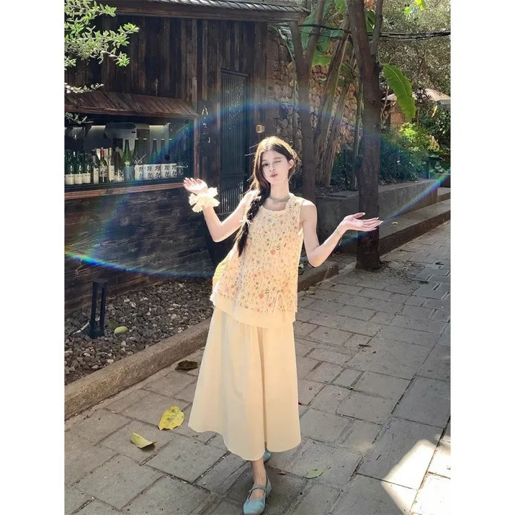 小清新碎花系带花边无袖上衣高腰中长款半身裙女夏季时尚套装