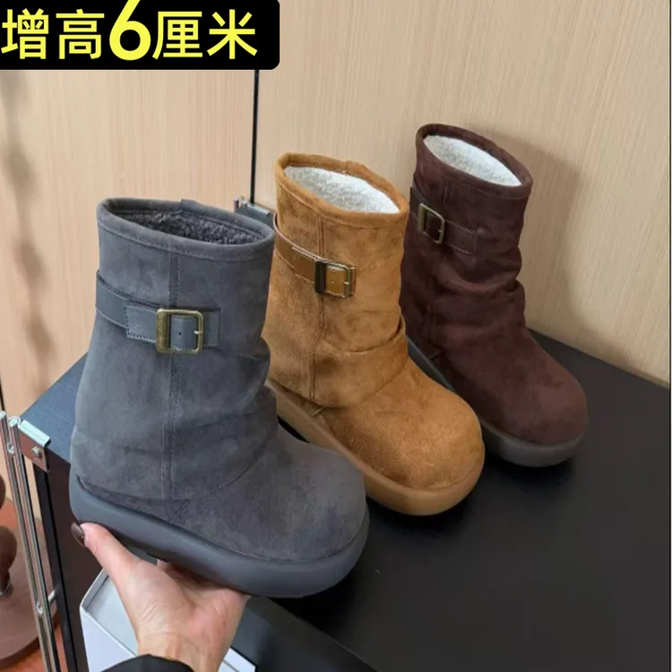 灰色厚底雪地靴女2025新款冬季加绒鞋子防滑保暖棉鞋内增高雪地鞋